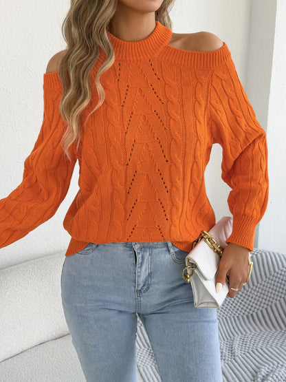 Cold Shoulder Cable Knit Sweater - Orange - View 6