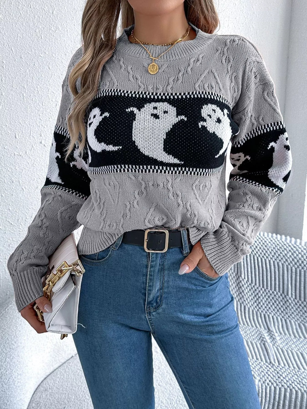 Halloween Ghost Pattern Textured Sweater - Orange - View 7