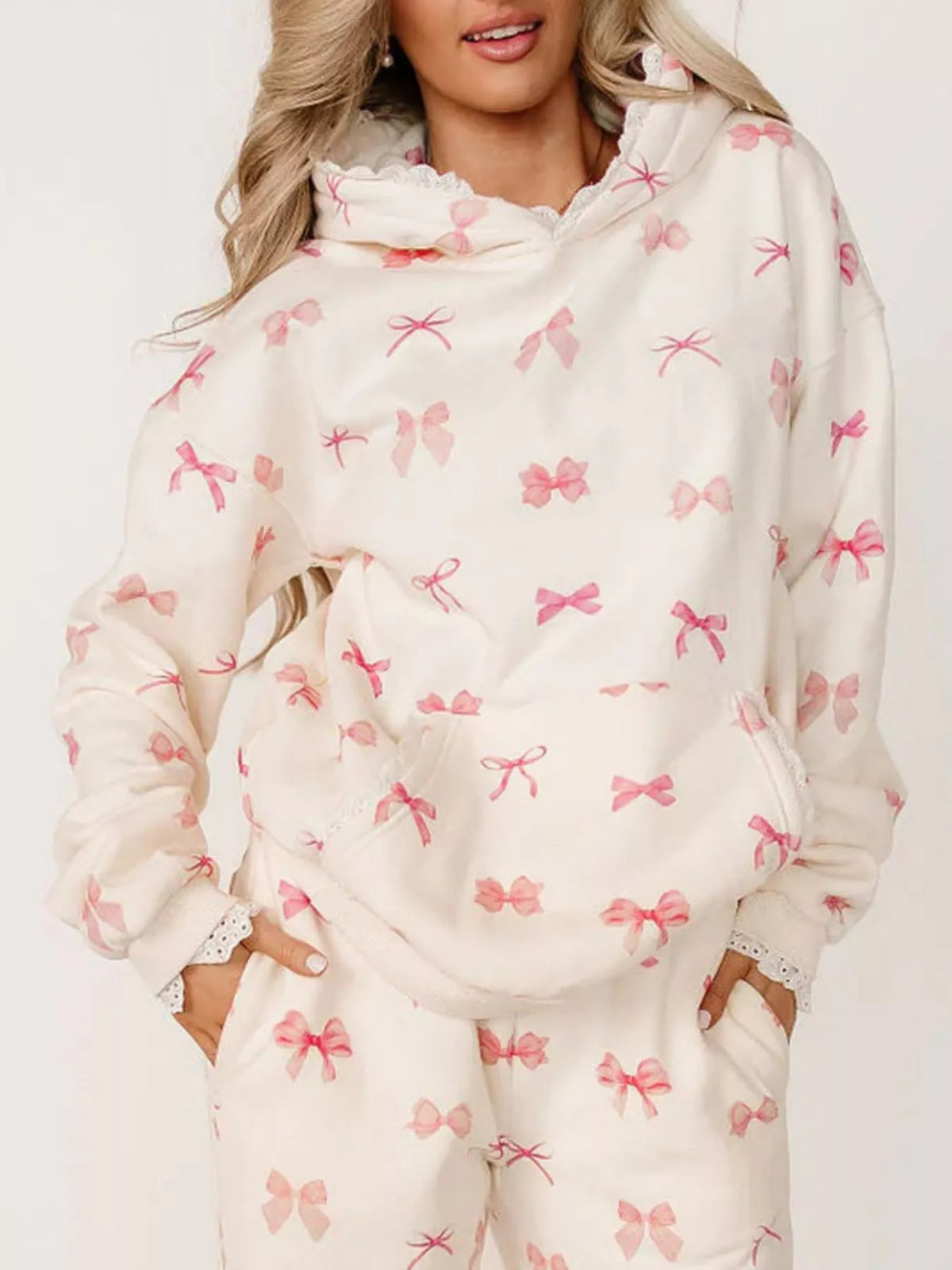Lace Trim Kangaroo Pocket Hoodie - Bow - View 5