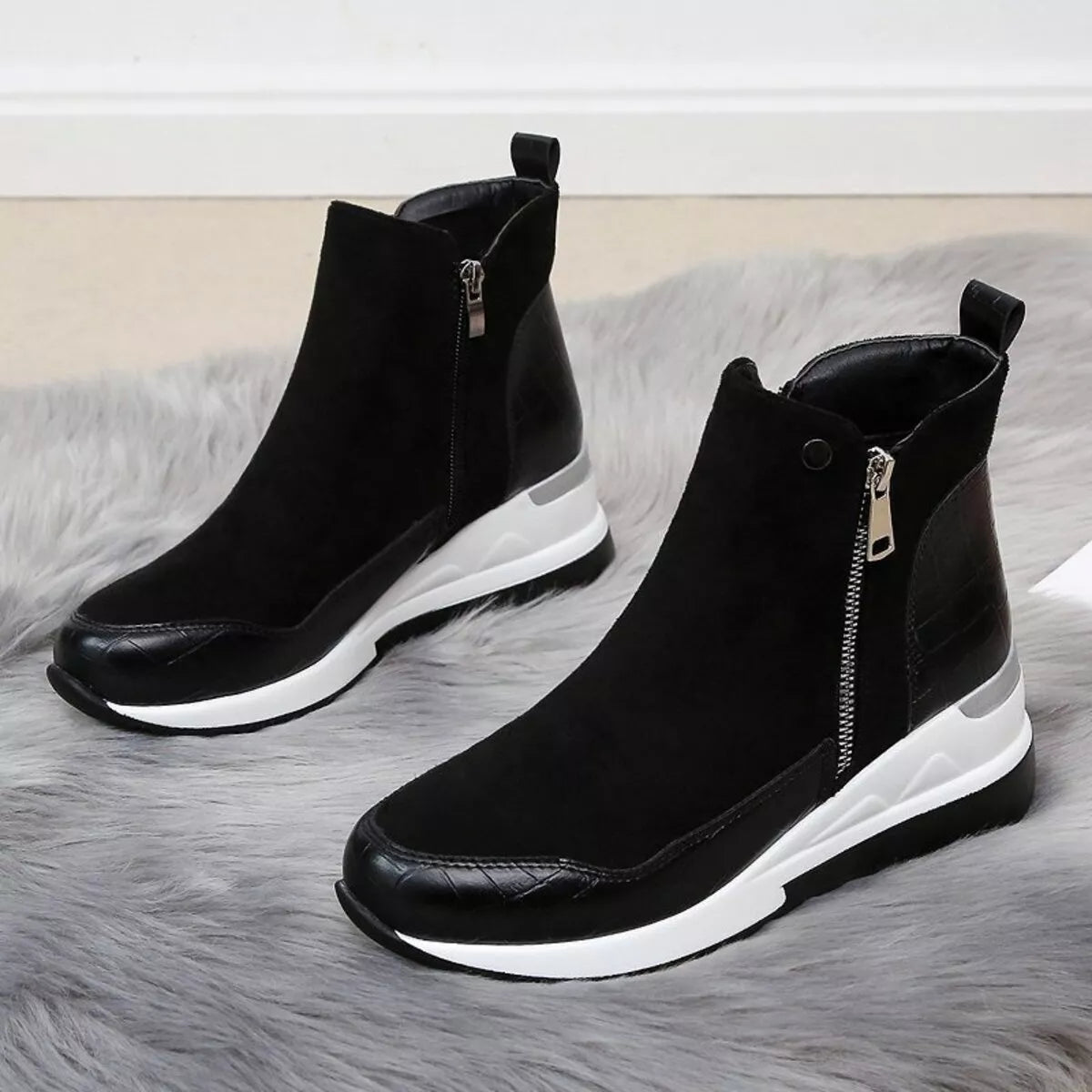 Side Zipper Ankle Boots - Black - View 1