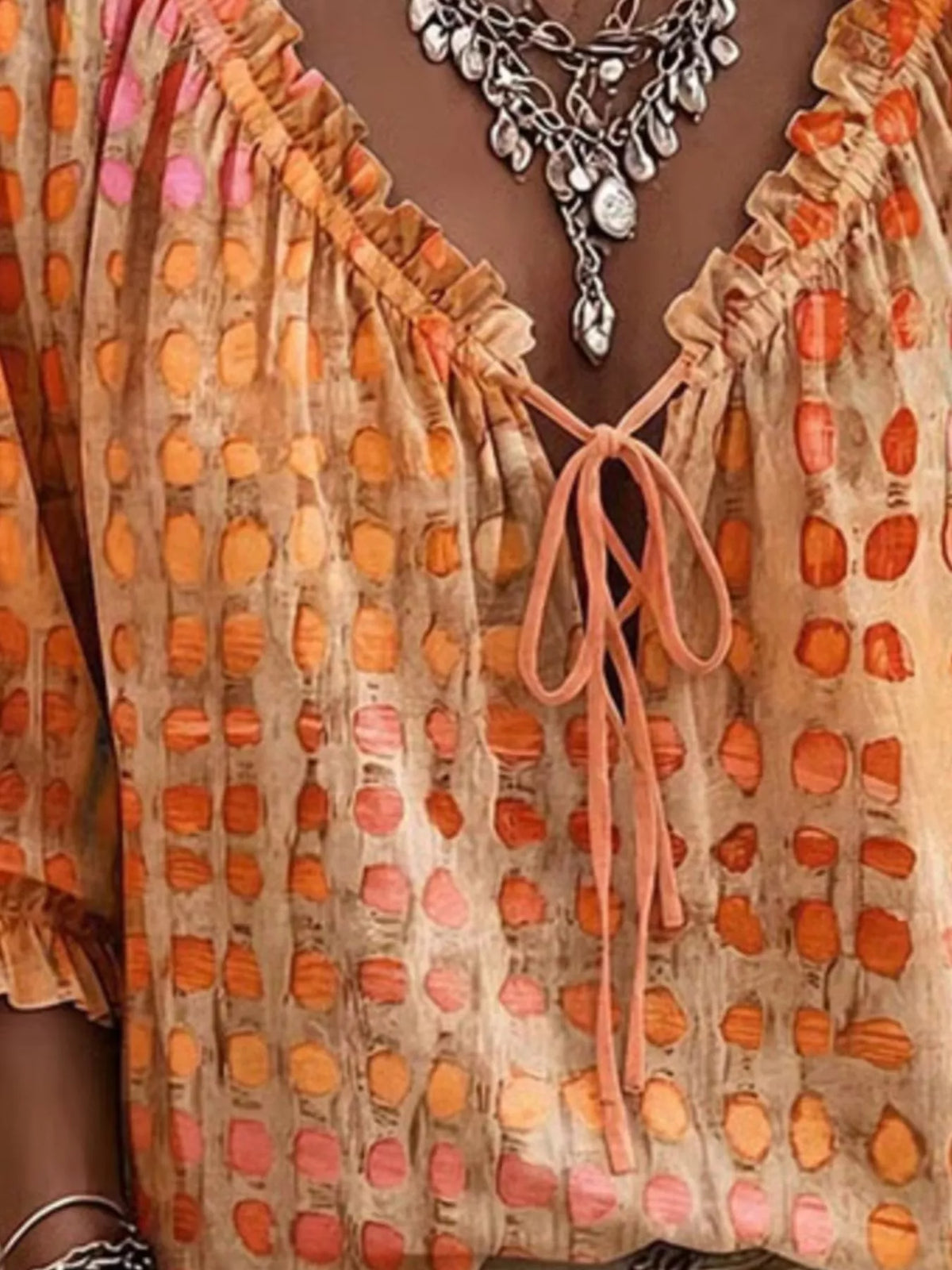 Full Size Tie Neck 3/4 Sleeve Blouse Plus Size - Sherbet - View 14