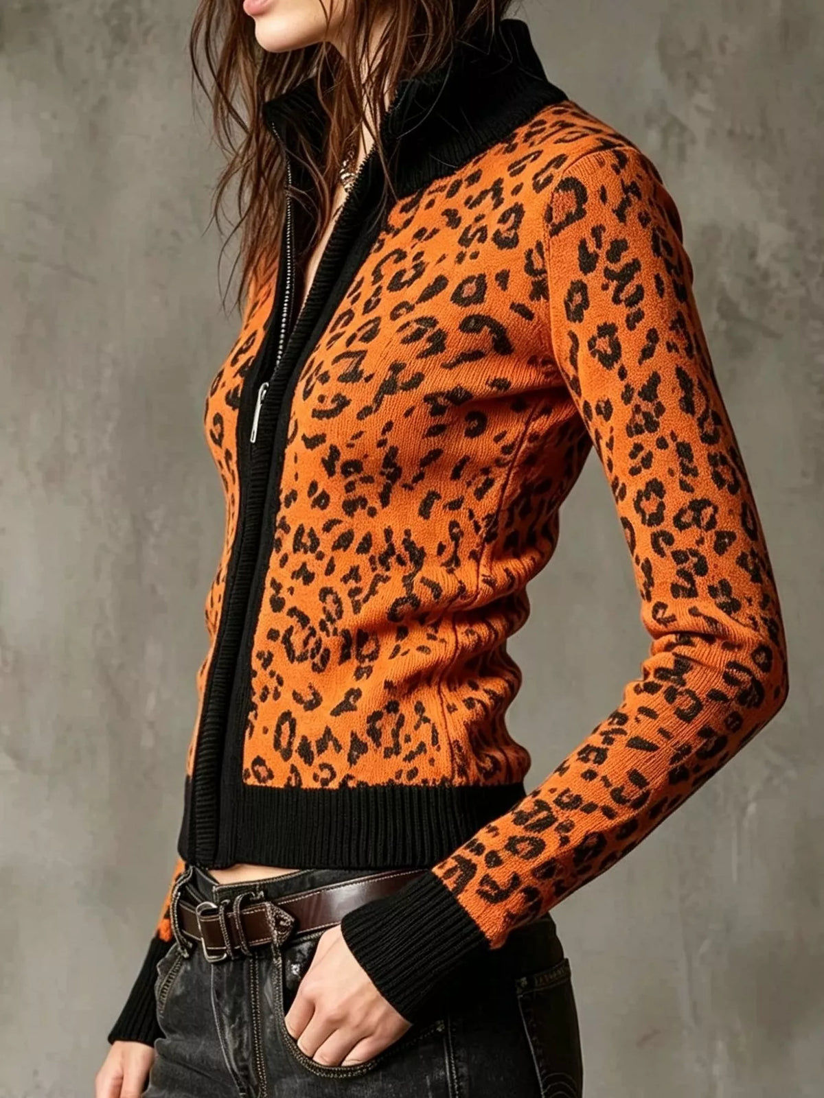 Leopard Zip-Up Knit Cardigan - Tangerine - View 2