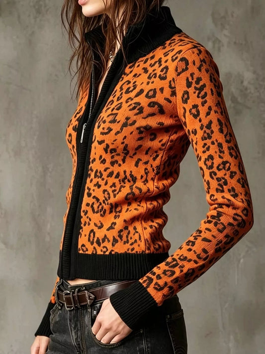 Leopard Zip-Up Knit Cardigan - Tangerine - View 2
