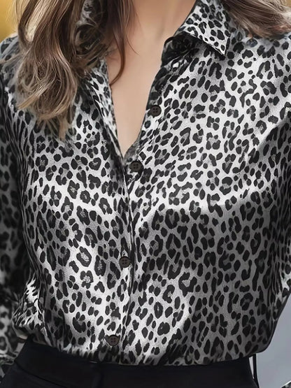 Leopard Button Up Long Sleeve Shirt - Dark Gray - View 12