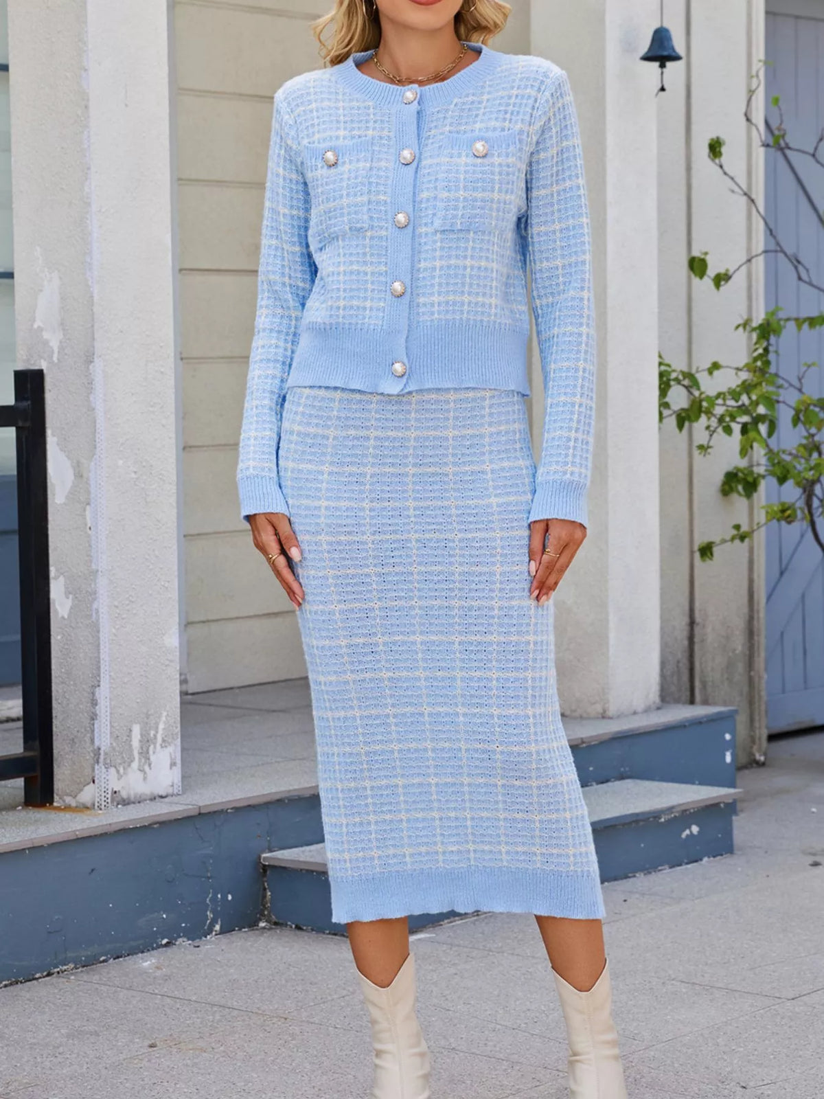 Plaid Knit Cardigan and Midi Skirt Sweater Set - Blue - View 2