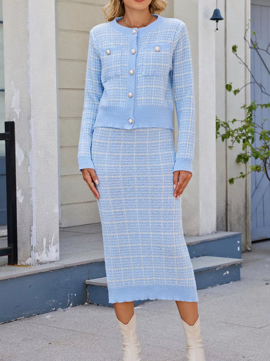 Plaid Knit Cardigan and Midi Skirt Sweater Set - Blue - View 2