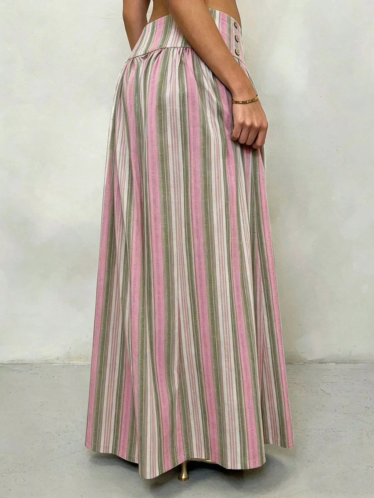 High-Waisted Striped Wide-Leg Casual Pants - Green Pink Stripes - View 7
