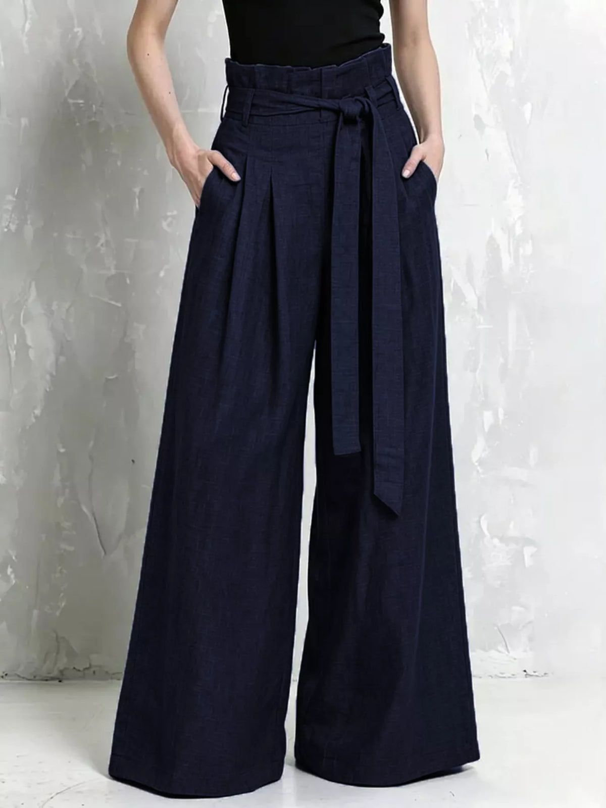 Full Size Wide-Leg Paperbag Waist Pants Plus Size - Navy - View 7