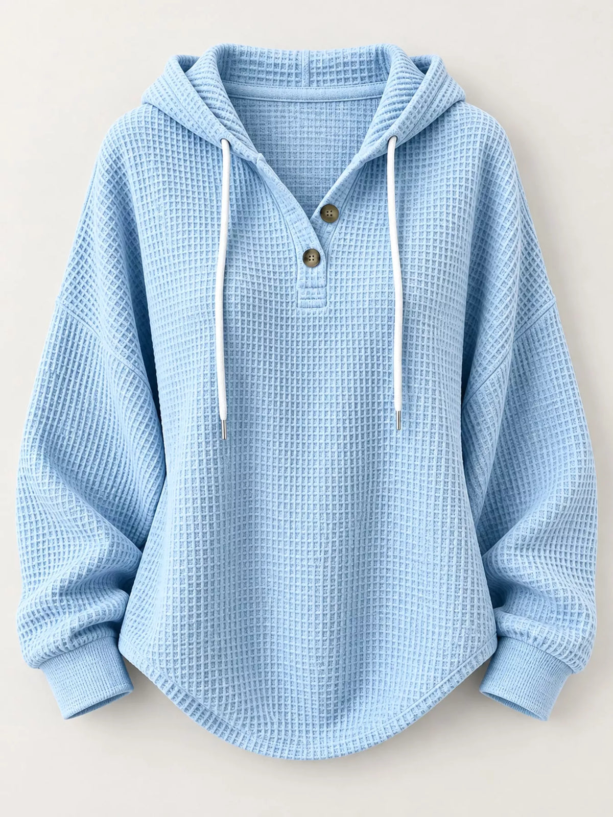 Full Size Waffle Knit Button Detail Hoodie Plus Size - Light Blue - View 8