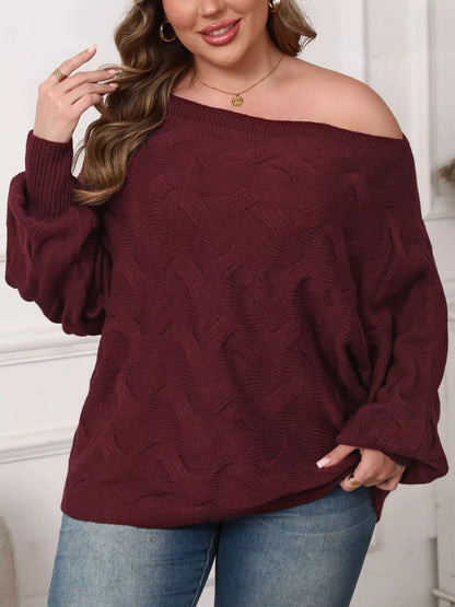 Plus Size Off-Shoulder Long Sleeve Sweater - Burgundy - View 3