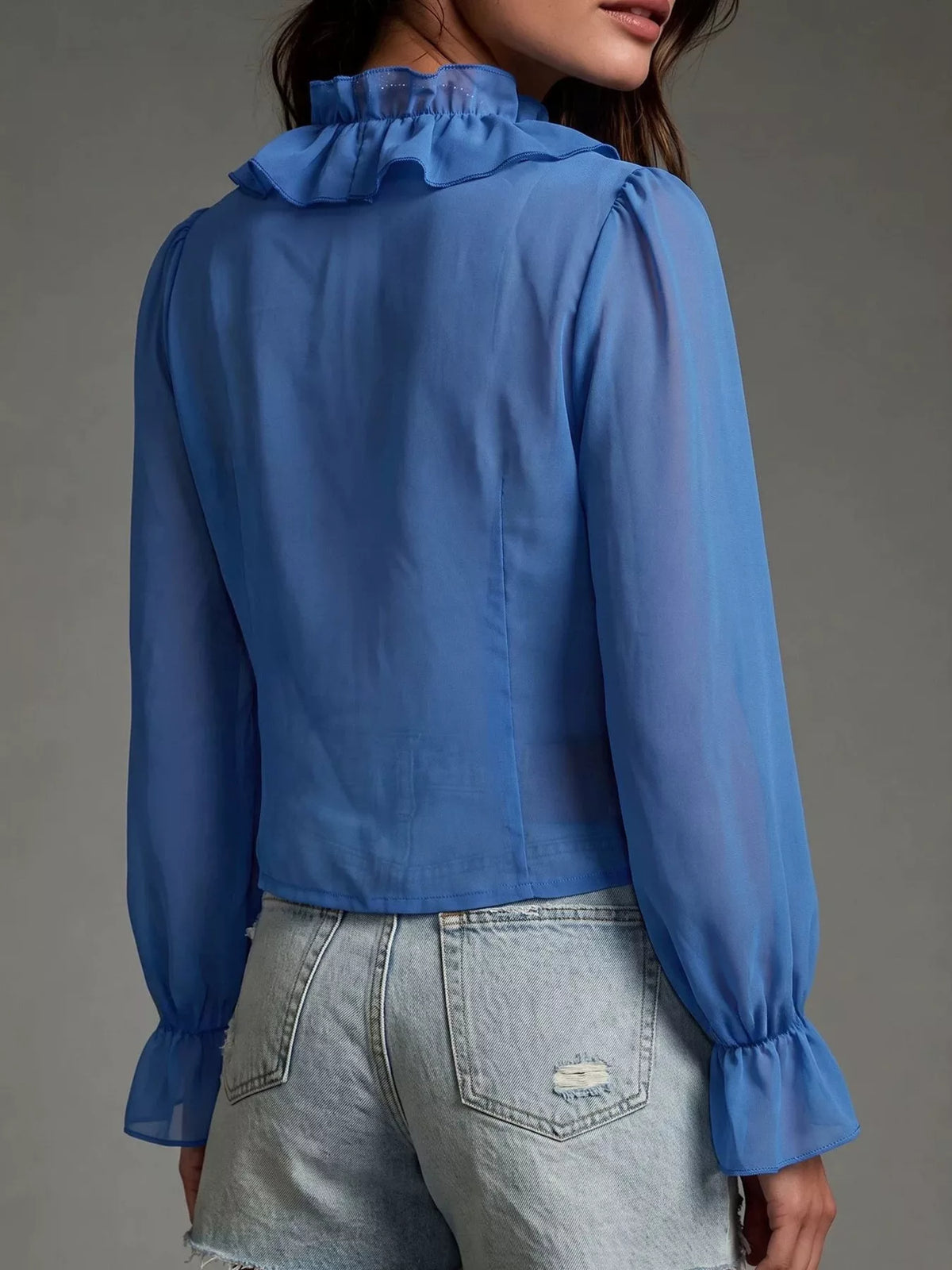 V-Neck Ruffled Chiffon Blouse - Dark Blue - View 3