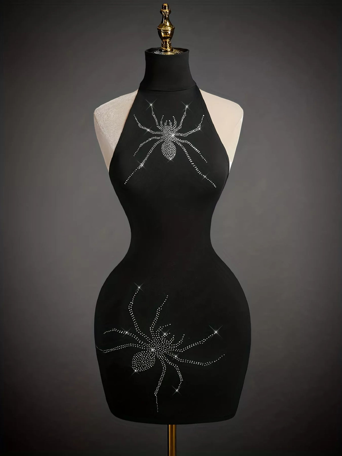 Rhinestone Spider Halter Neck Bodycon Dress - Black - View 1