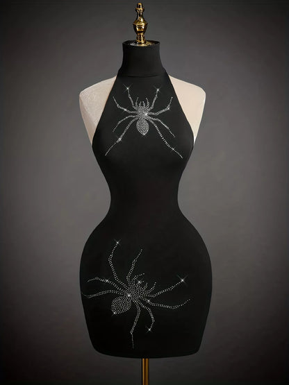 Rhinestone Spider Halter Neck Bodycon Dress - Black - View 1