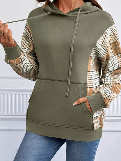 Plaid Sleeve Drawstring Pocket Hoodie - Sage - View 5