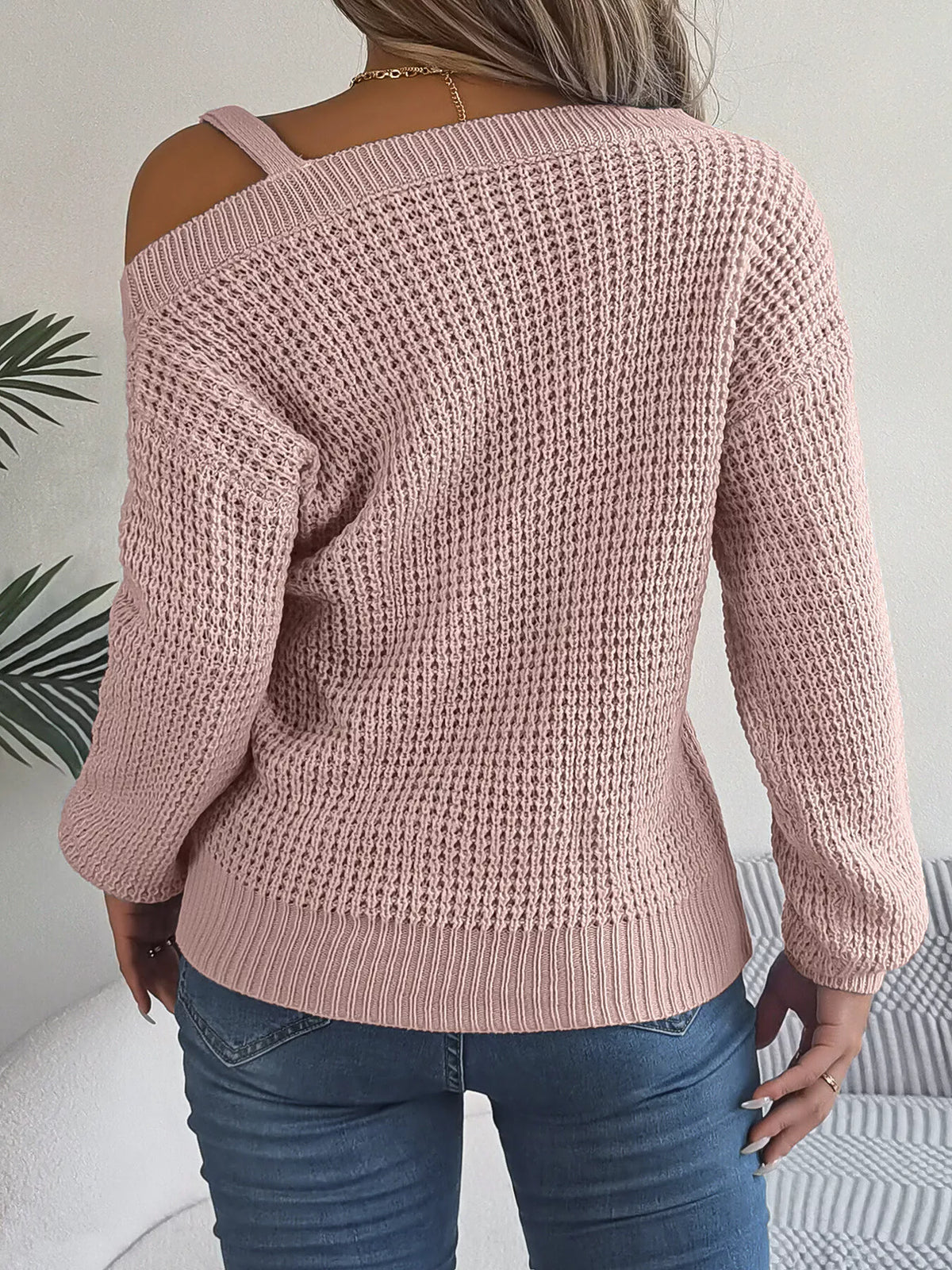 Asymmetrical Neck Long Sleeve Sweater - Dusty Pink - View 5