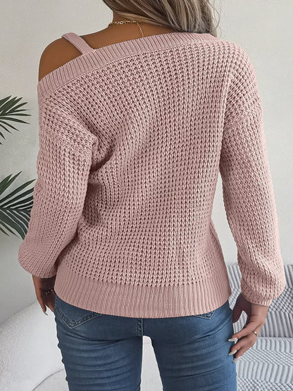 Asymmetrical Neck Long Sleeve Sweater - Dusty Pink - View 5