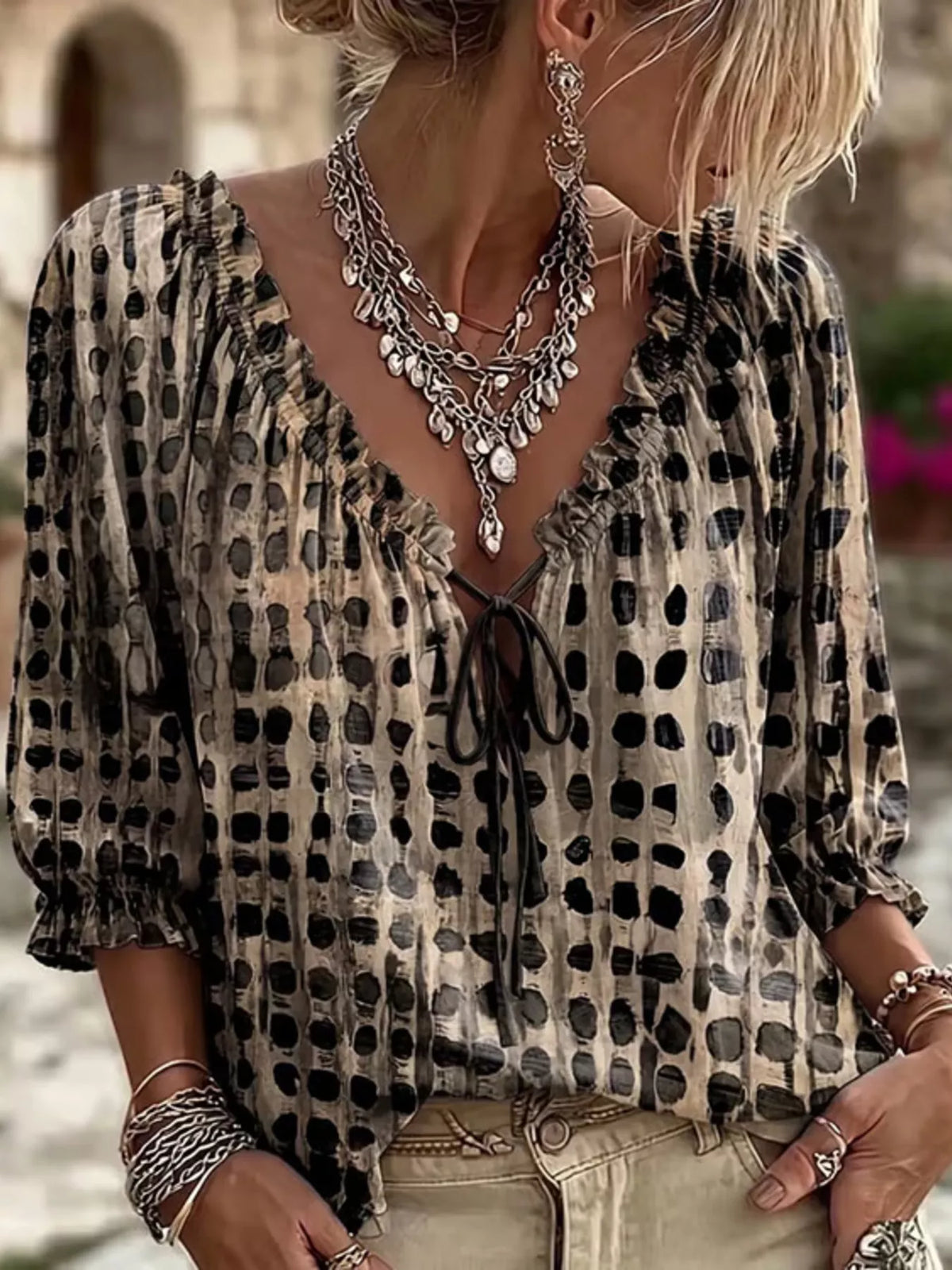 Full Size Tie Neck 3/4 Sleeve Blouse Plus Size - Multicolor - View 17