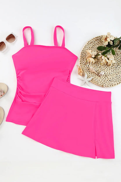 Square Neck Top and Skirt Swim Set - Hot Pink - View 6