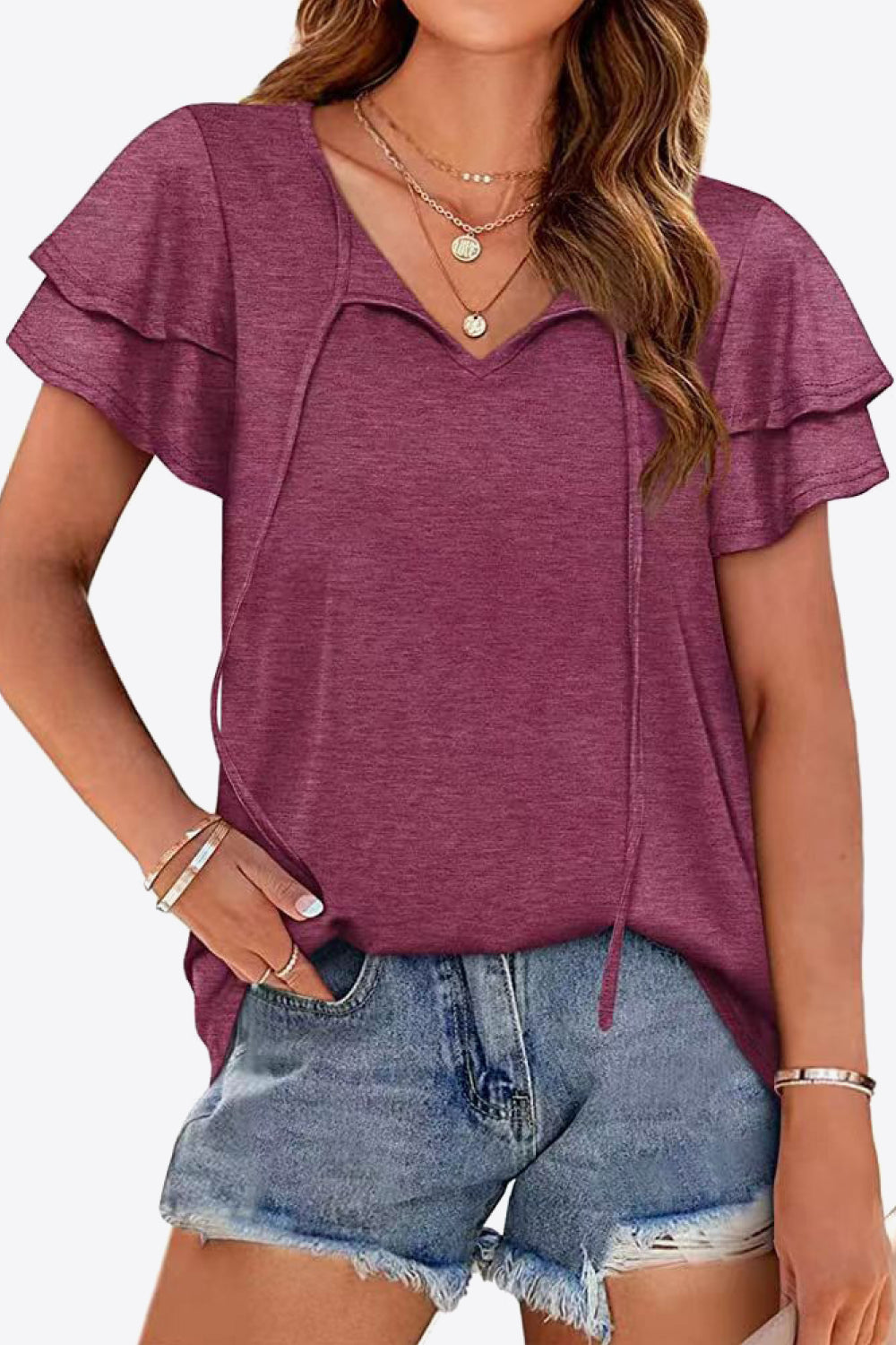 Tie-Neck Layered Flutter Sleeve Blouse - Wine - View 1