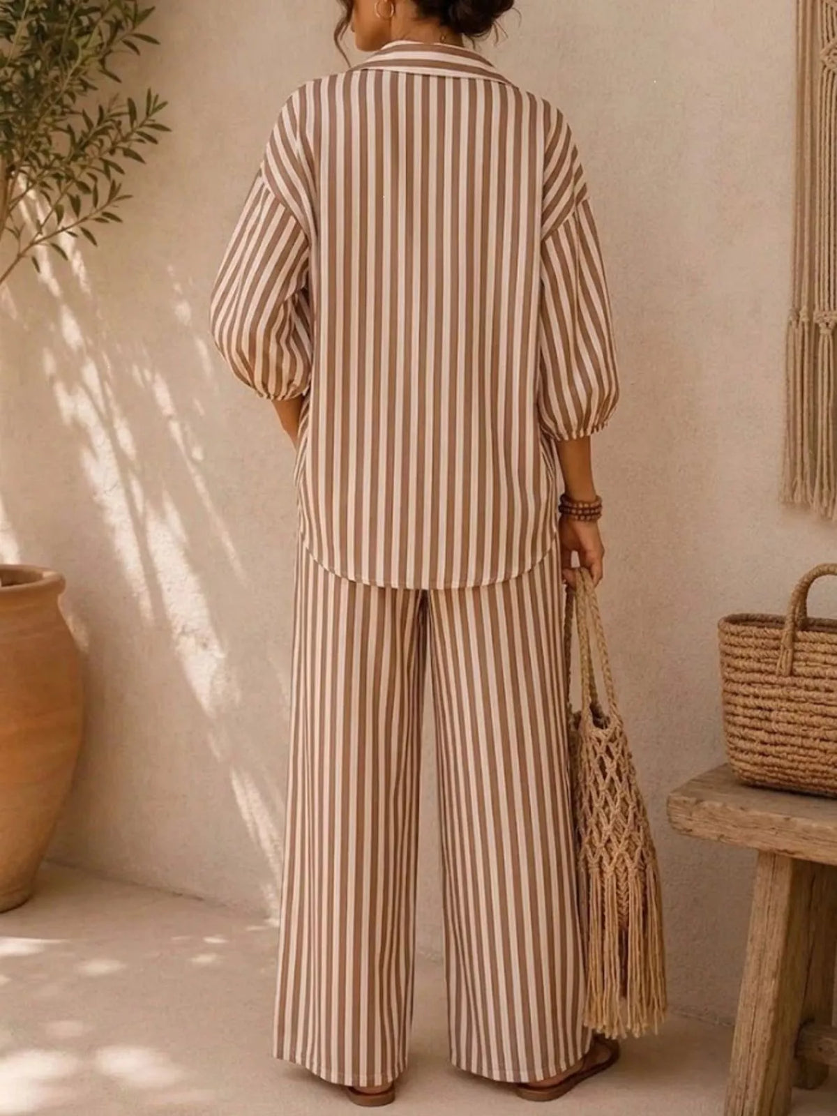 Full Size Striped Relaxed Fit Shirt and Wide-Leg Pants Set Plus Size - Camel - View 2