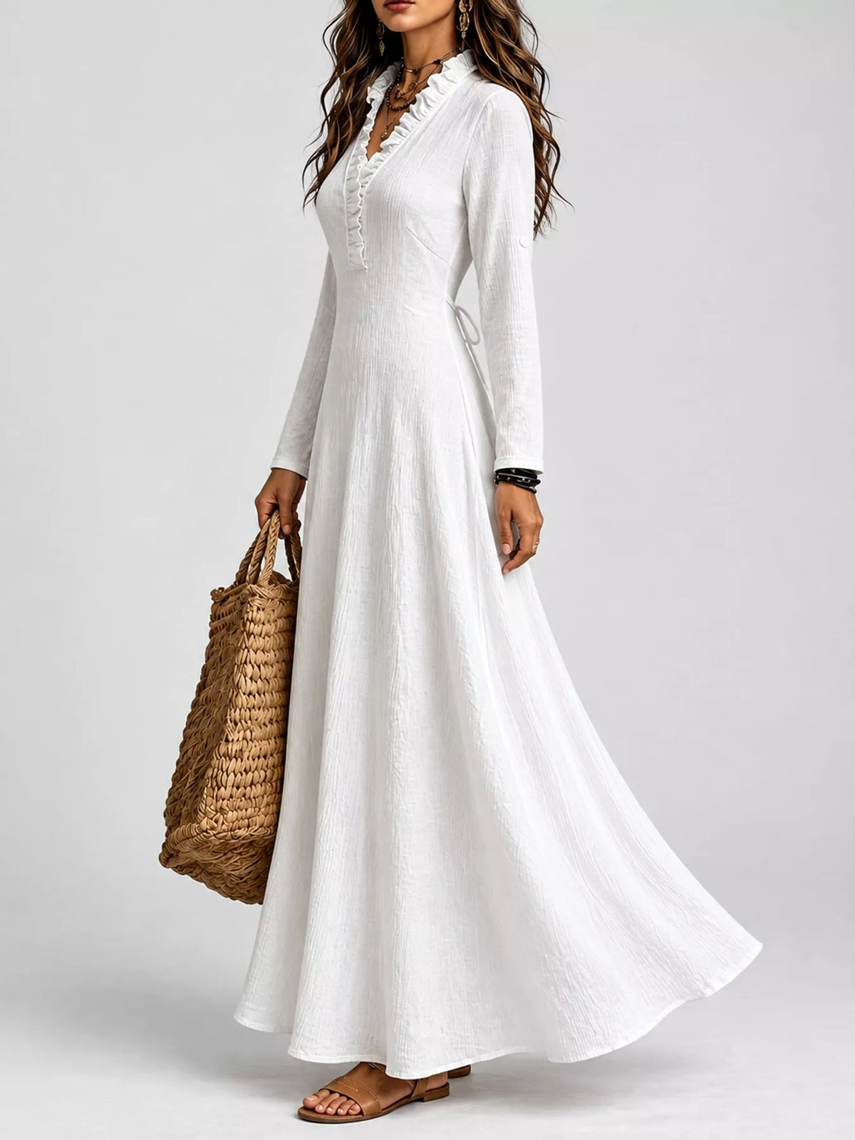 Full Size Frill Roll-Up Sleeve Maxi Dress Plus Size - White - View 3