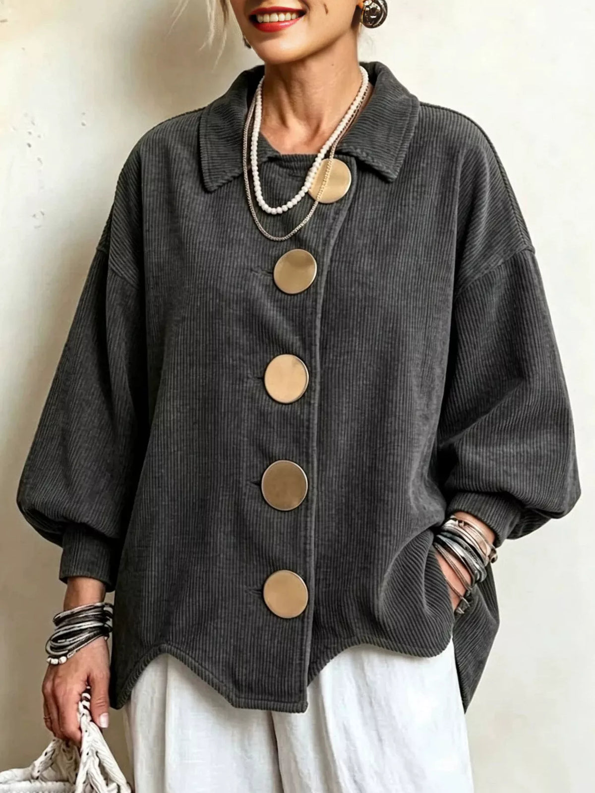 Full Size Corduroy Button-Down Jacket Plus Size - Gray - View 3