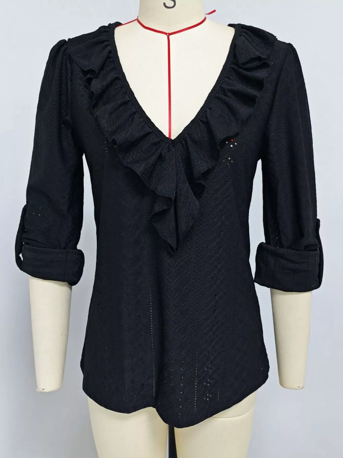 Eyelet Ruffle V-Neck Blouse - Black - View 2