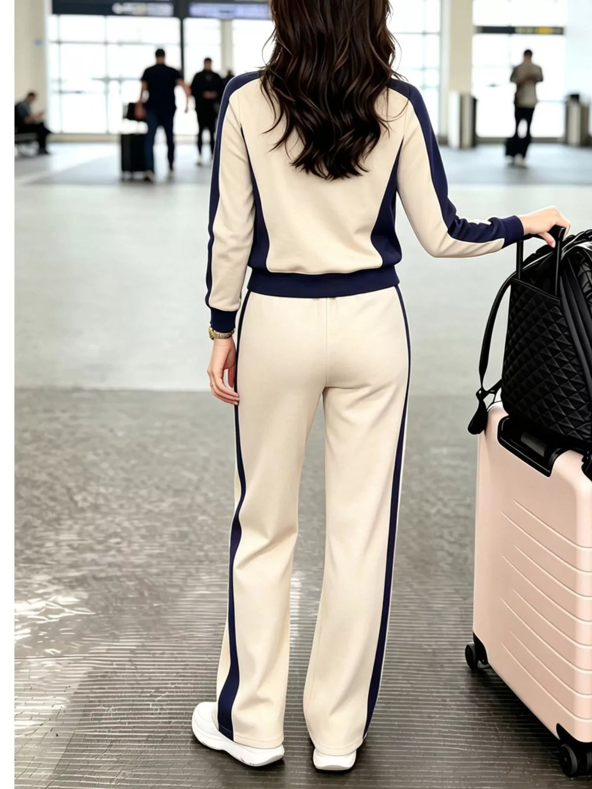 Contrast Side Stripes Top and Pants Set - Apricot - View 5