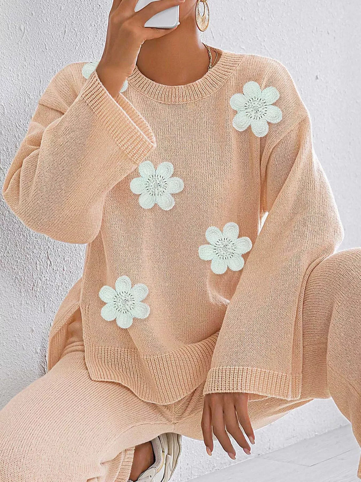 Floral Applique Crew Neck Sweater - Khaki - View 4
