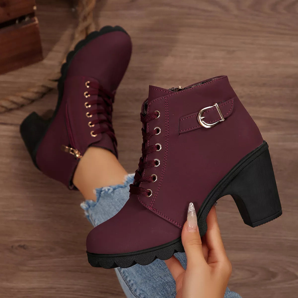 Lace Up Block Heels Boots - Burgundy - View 11
