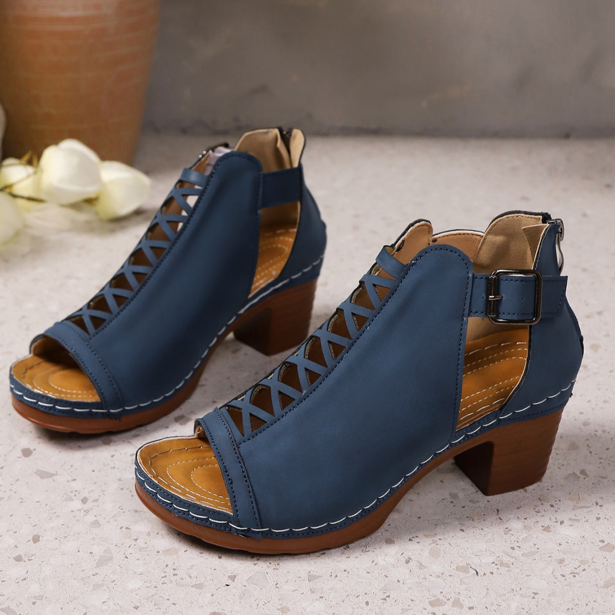 Open Toe Block Heels Sandals - Navy Blue - View 18