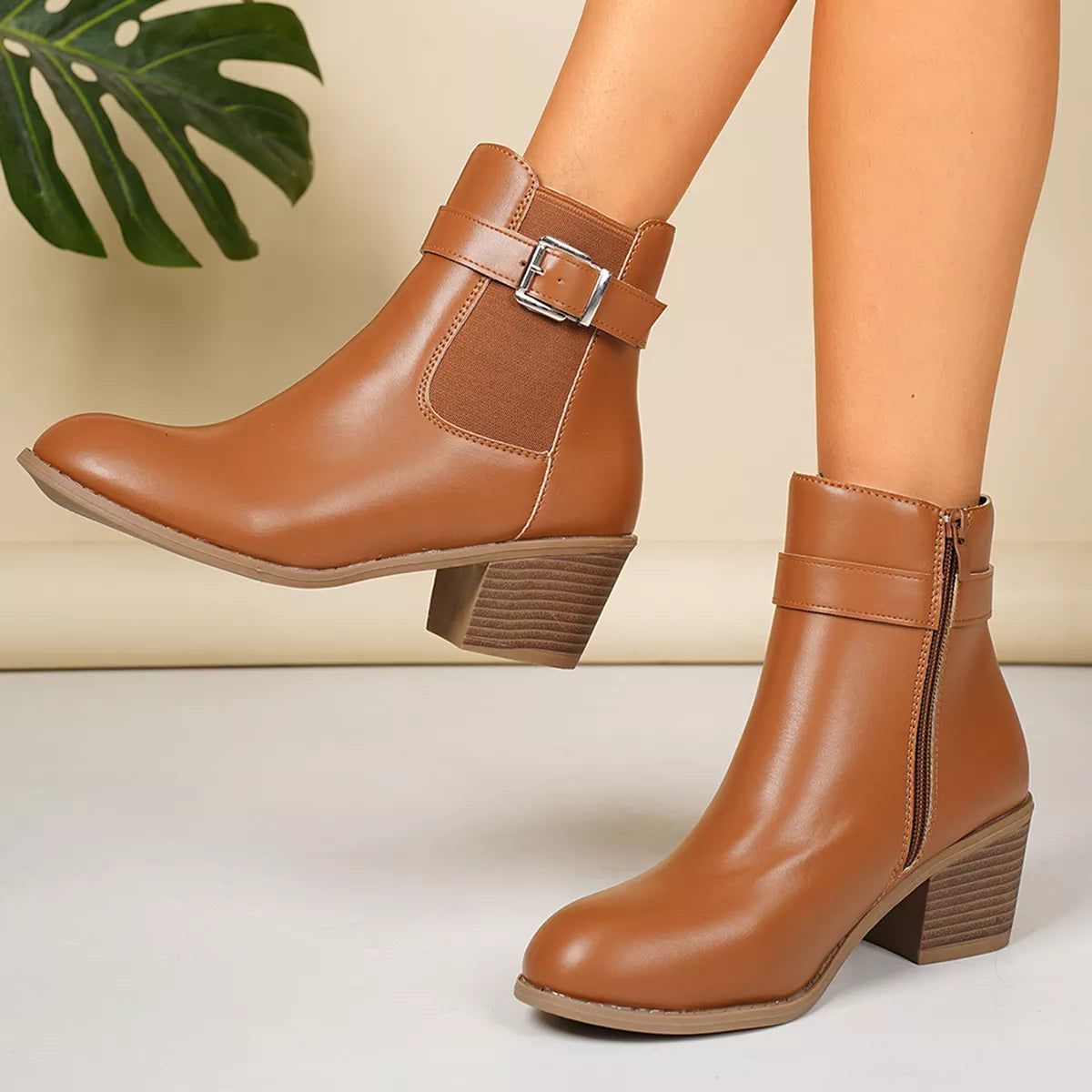 Point Toe Block Heels Boots - Dark Brown - View 3