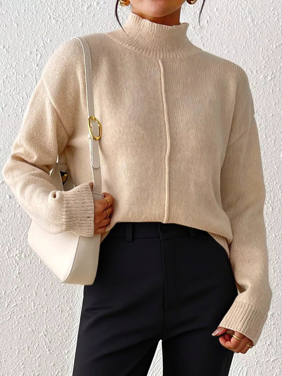 Center Seam Detail Turtleneck Sweater - Khaki - View 5