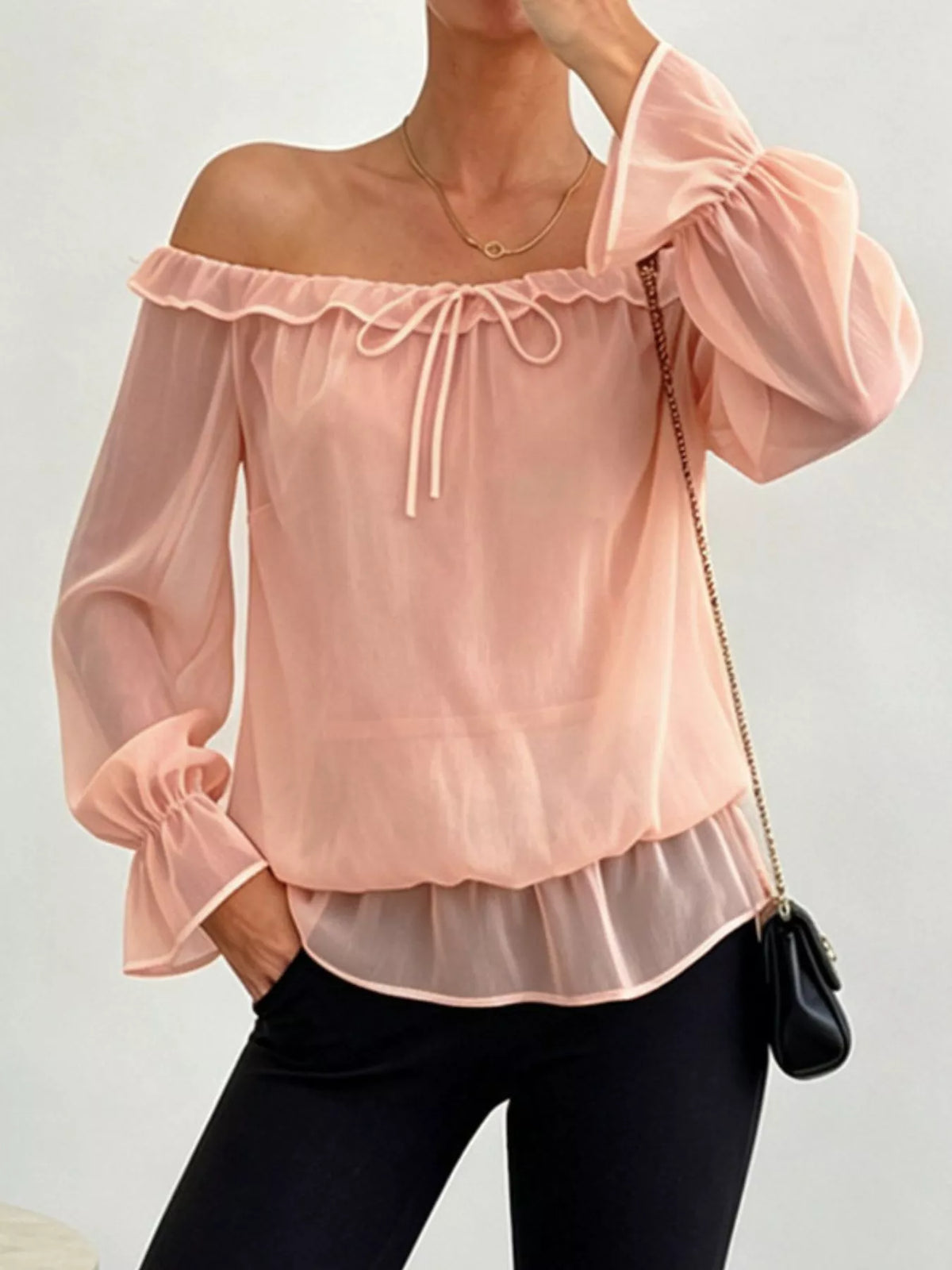 Off-Shoulder Flounce Sleeve Chiffon Blouse - Watermelon pink - View 1