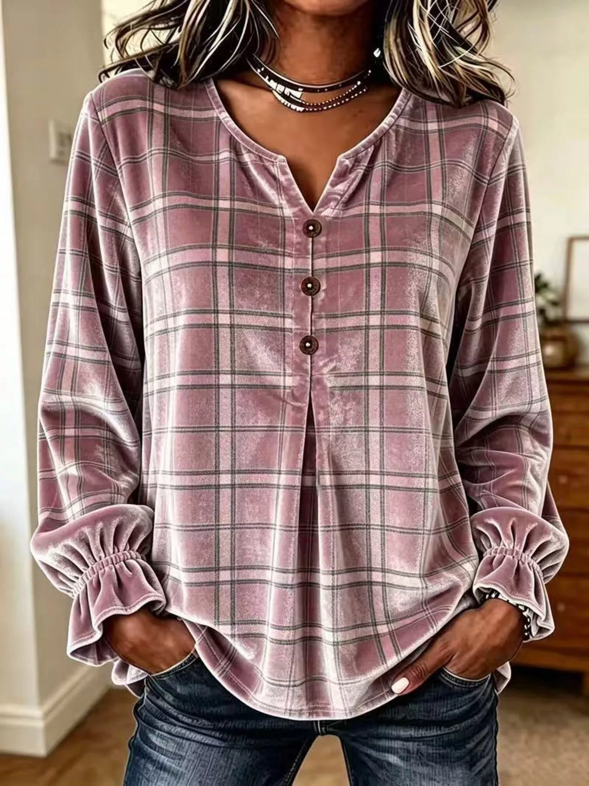 Full Size Plaid Velvet Flounce Sleeve Blouse Plus Size - Mauve - View 1