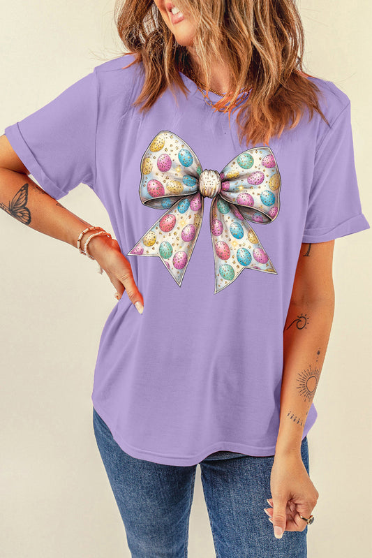 Wisteria Celebrative Easter Eggs Bow Print Casual T Shirt - Wisteria - 2