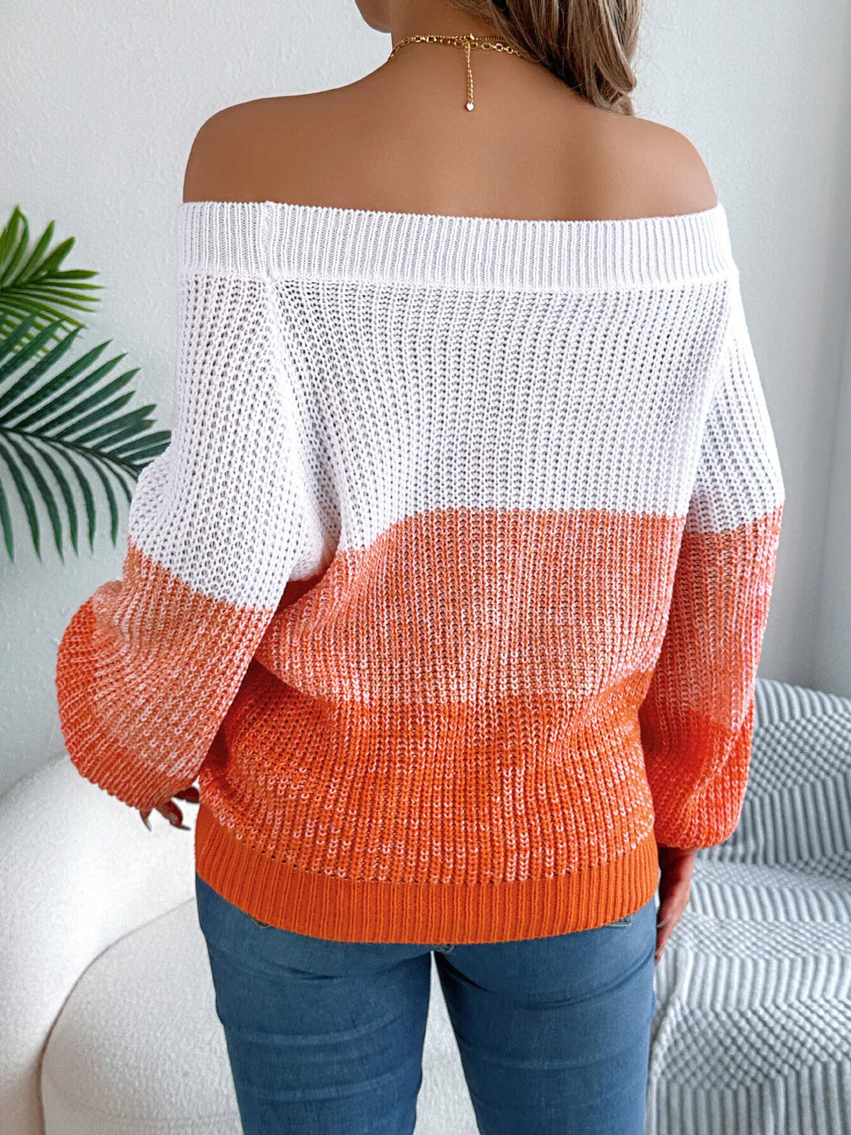 Off-Shoulder Color Block Sweater - Orange - View 5