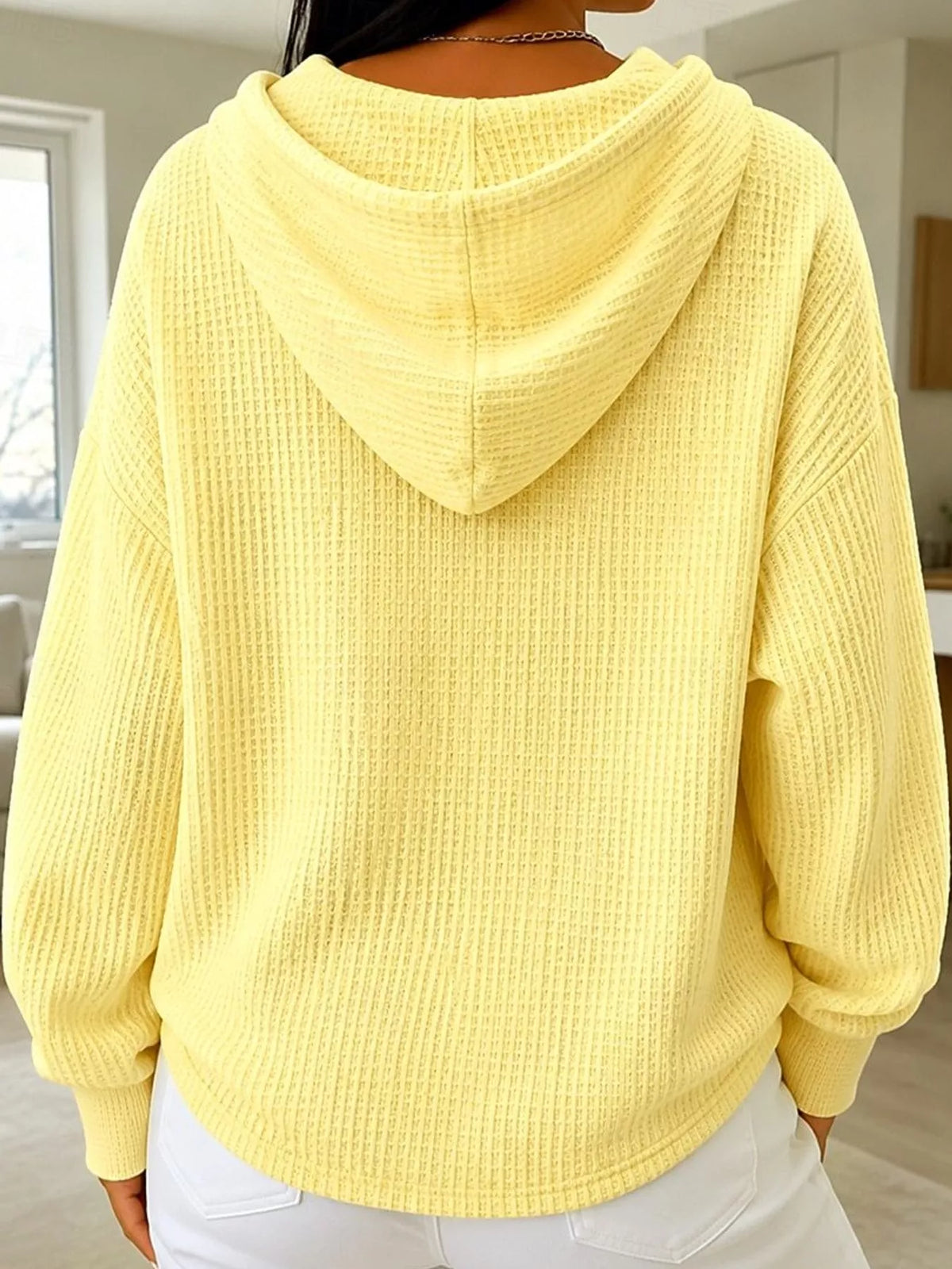 Full Size Waffle Knit Button Detail Hoodie Plus Size - Yellow - View 11