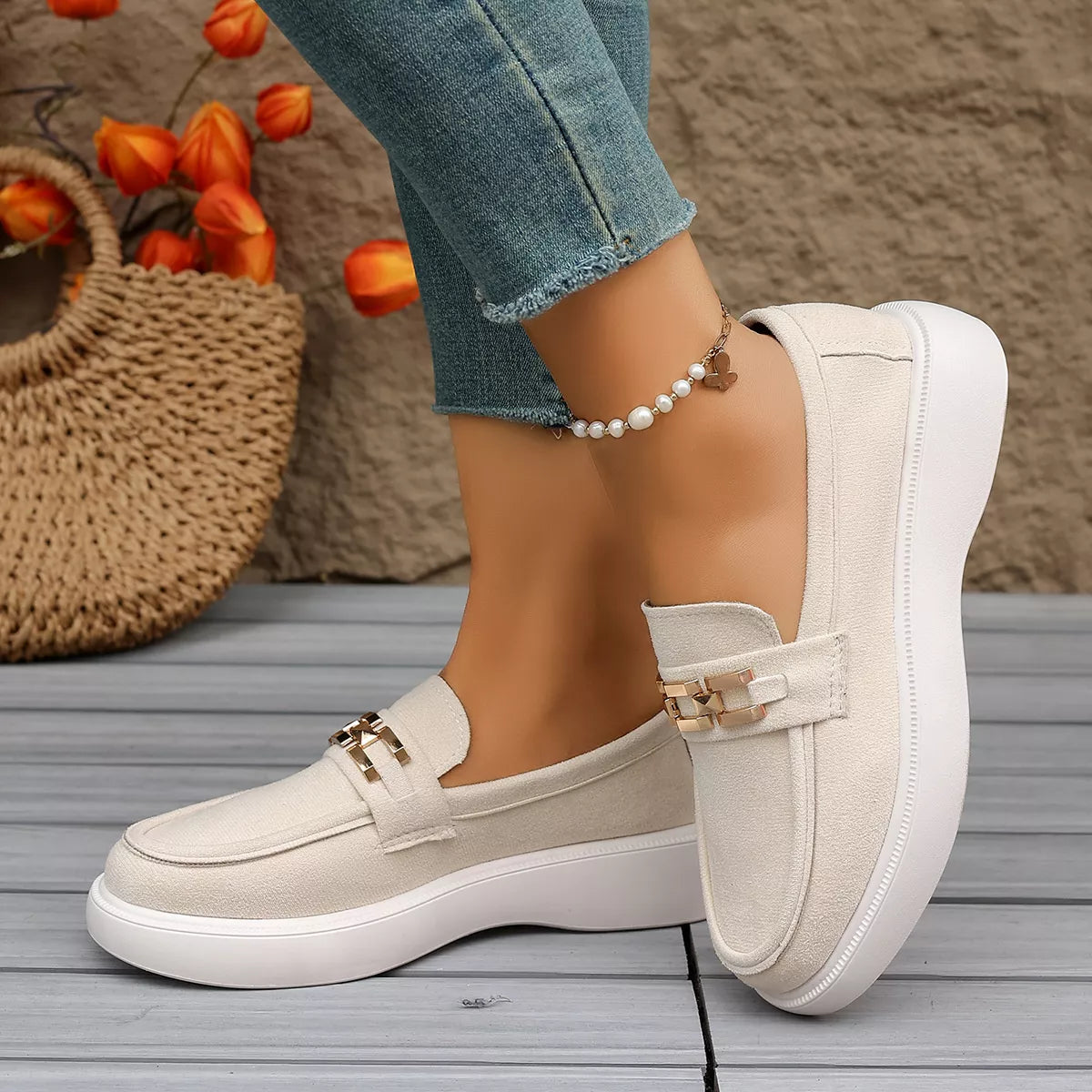 Round Toe Slip-Ons - Off-white - View 3