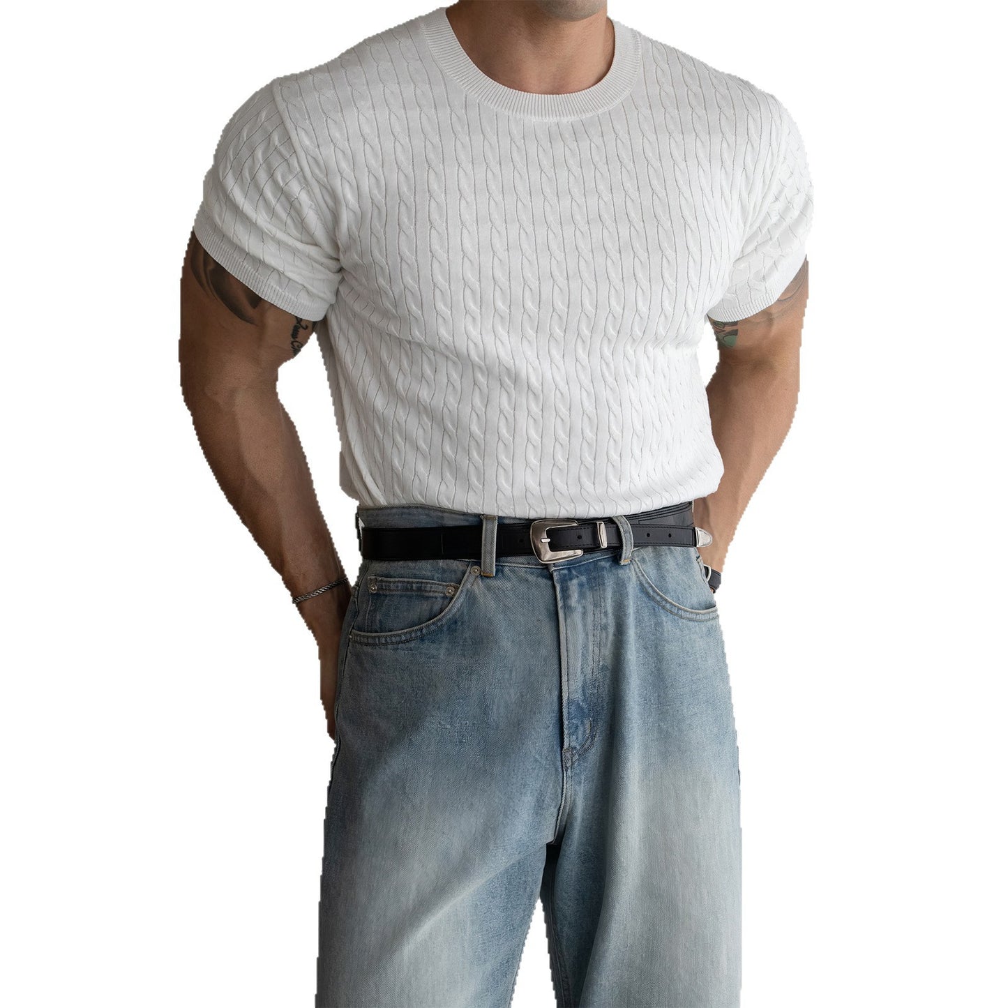 Round neck Fried Dough Twists knit short sleeved T-shirt for men