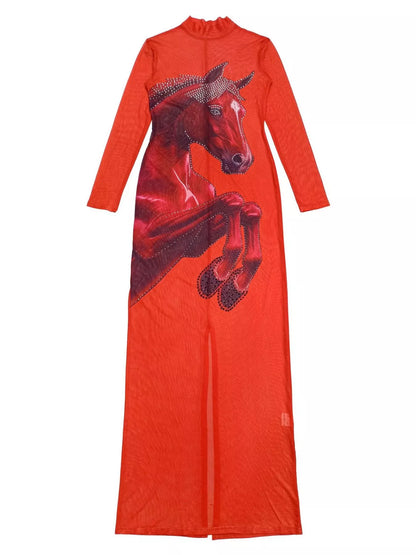 Cami Dress and Rhinestone Horse Mesh Maxi Dress Set - Red - View 13