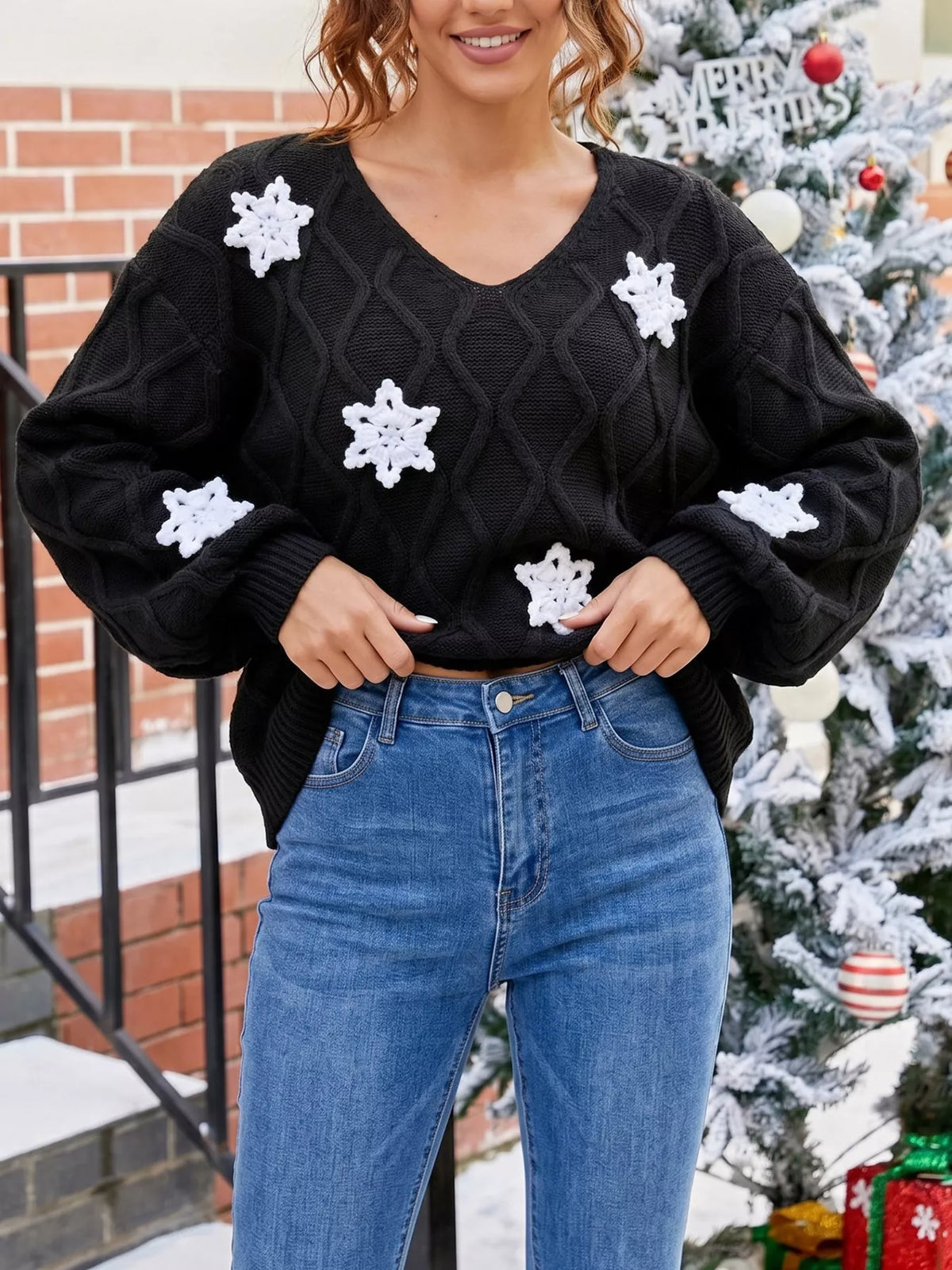 Snowflake Textured V-Neck Sweater - Black - View 1