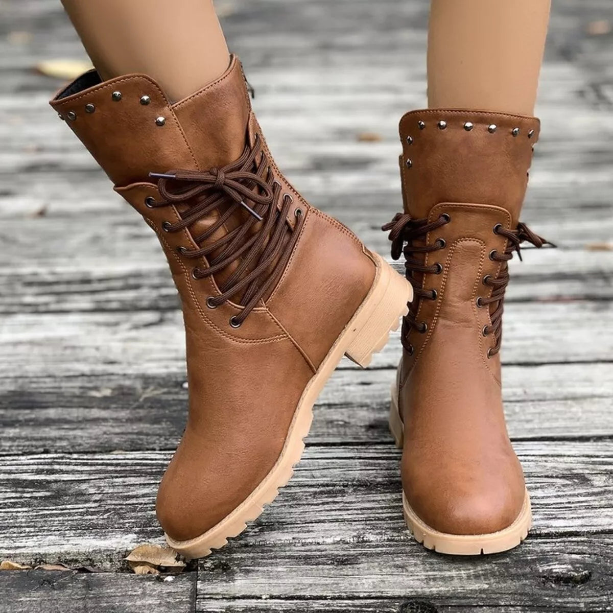 Lace Up Block Heels Boots - Brown - View 9