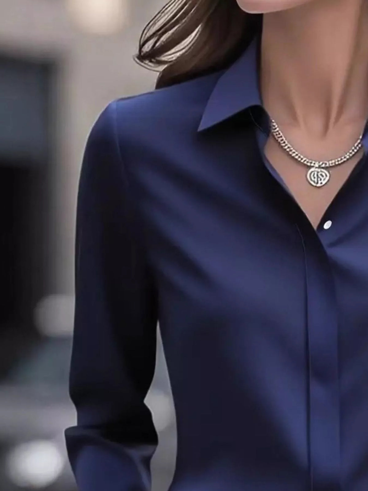 Button Down Collared Neck Long Sleeve Shirt - Dark Blue - View 8