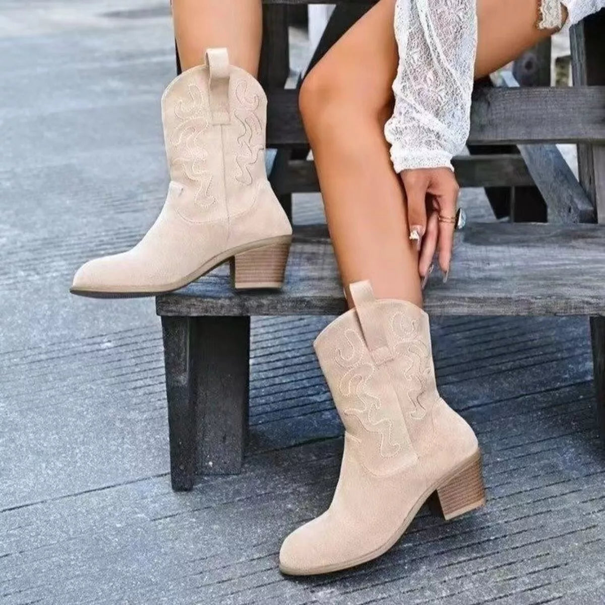 Round Toe Block Heels Boots - Beige - View 4