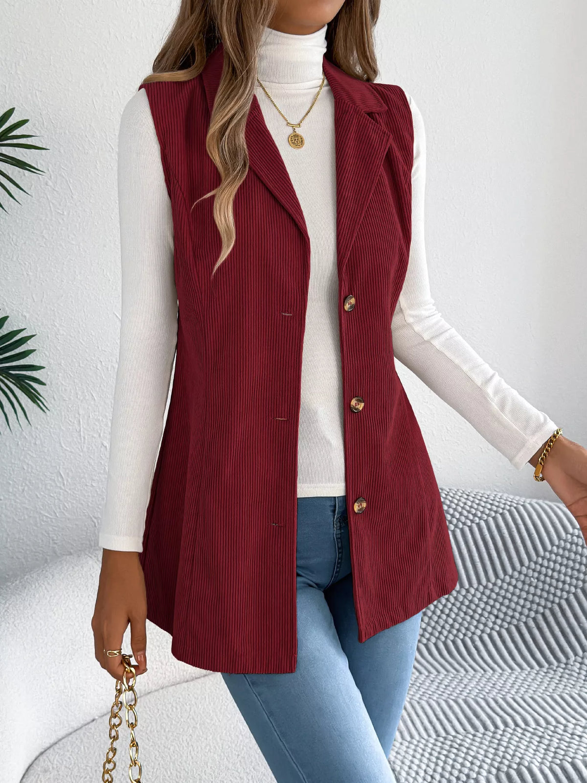 Button-Front Longline Vest Coat - Burgundy - View 7