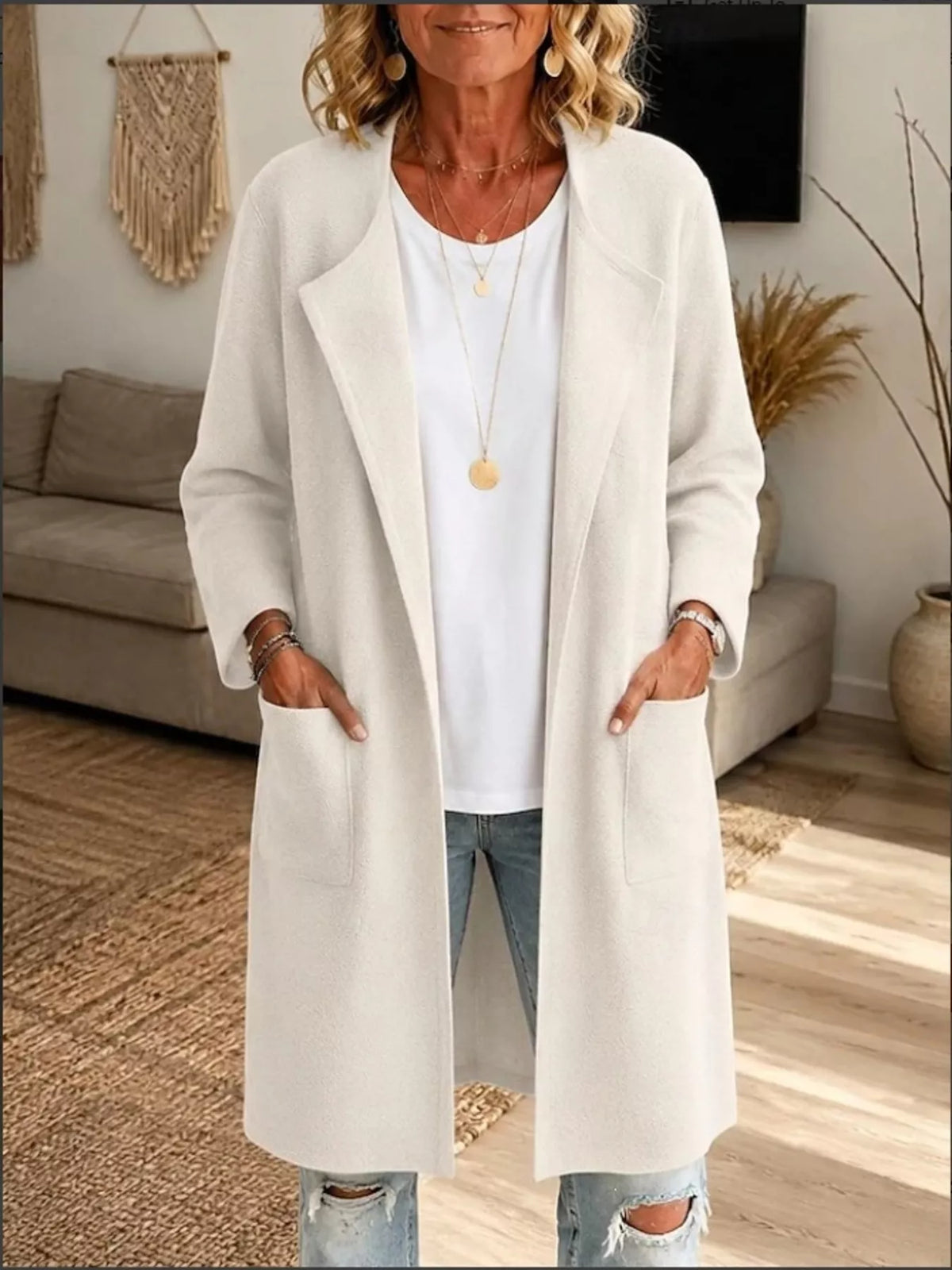 Full Size Open-Front Longline Knit Outerwear Plus Size - Off-white - View 4