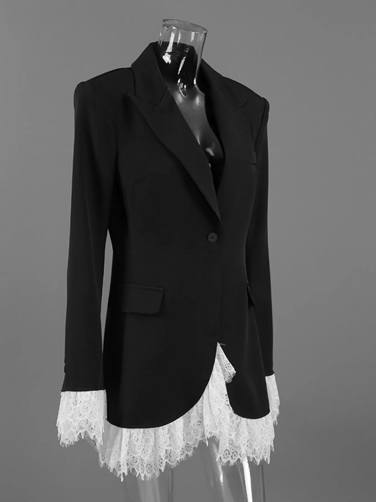 Lace Hem One Button Blazer - Black - View 7
