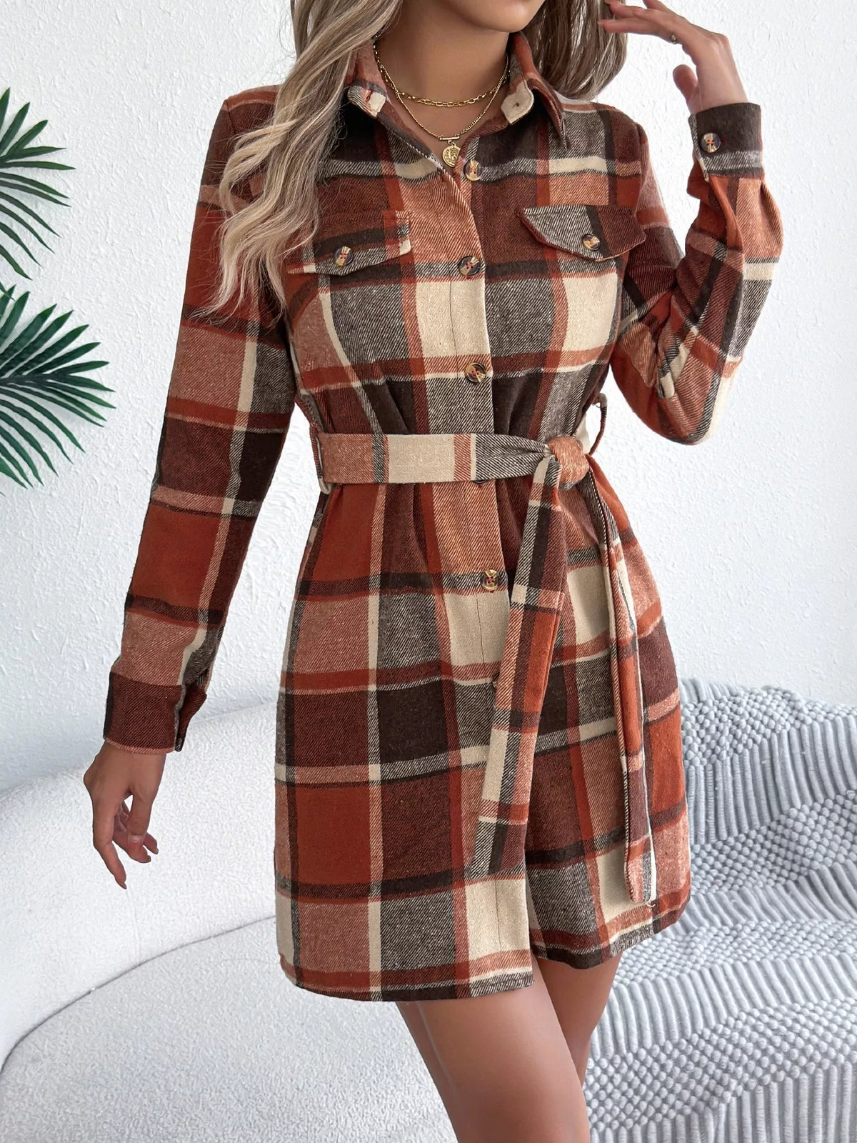 Plaid Button Front Tie Waist Shirt Dress - Orange - View 15