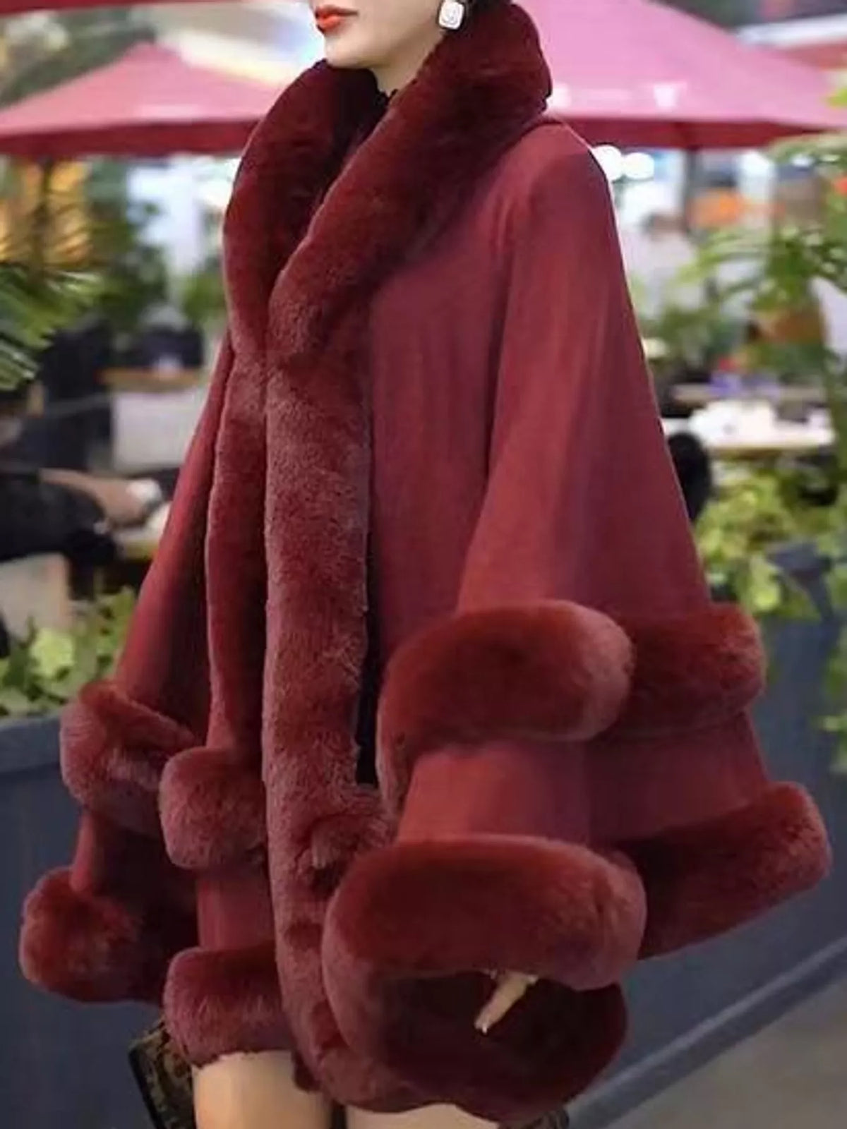 Faux Fur Trimmed Hooded Cape - Burgundy - View 20